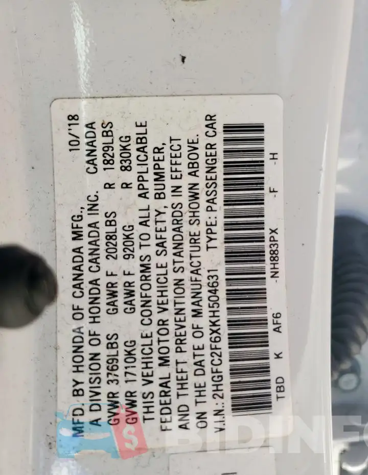2HGFC2F6XKH504631 Photo# 12