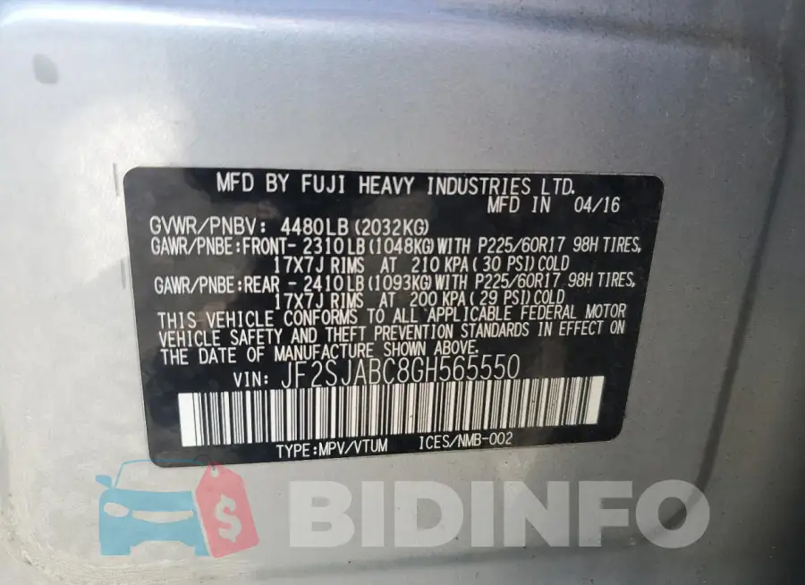 JF2SJABC8GH565550 Photo# 13