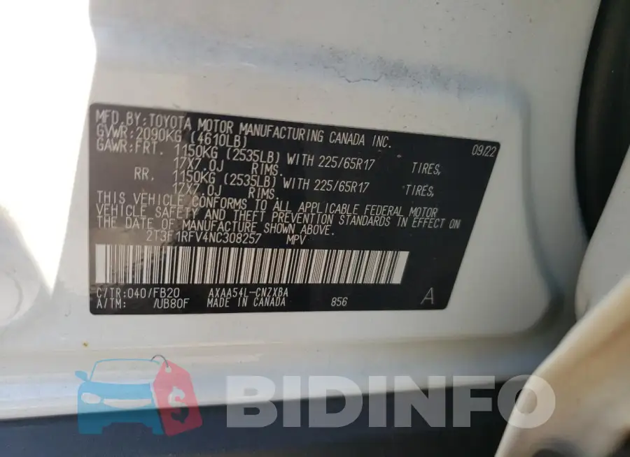 2T3F1RFV4NC308257 Photo# 13