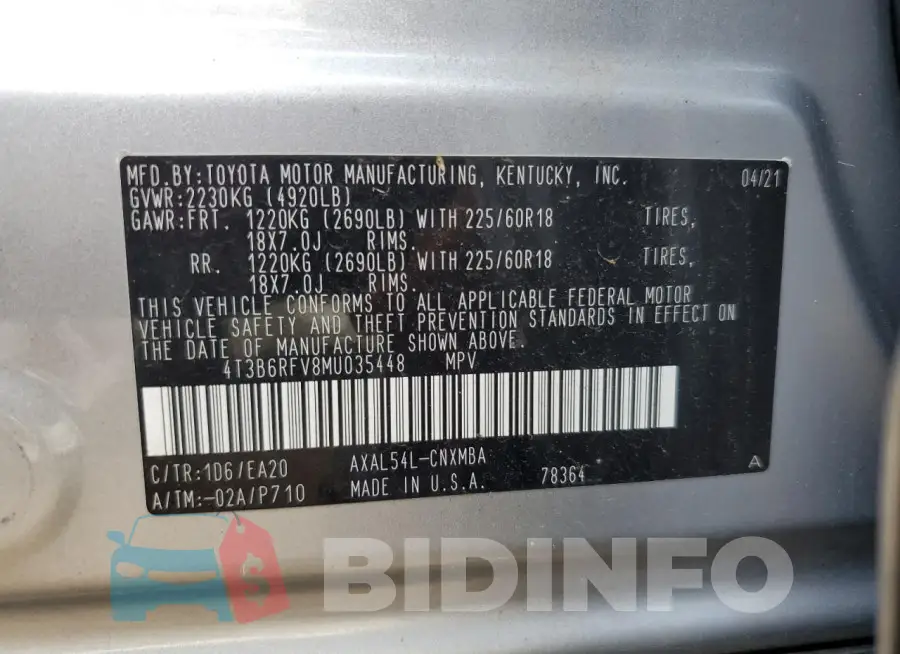 4T3B6RFV8MU035448 Photo# 13
