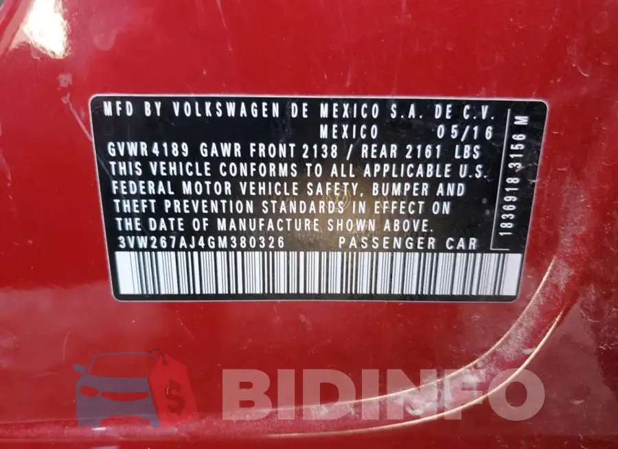 3VW267AJ4GM380326 Photo# 12