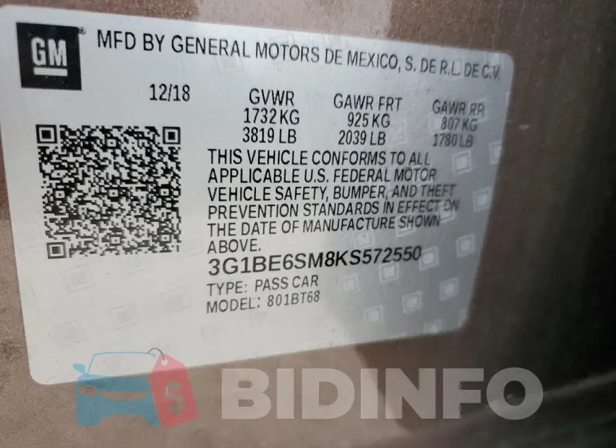 3G1BE6SM8KS572550 Photo# 13