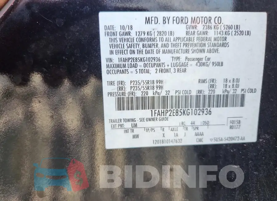 1FAHP2E85KG102936 Photo# 12