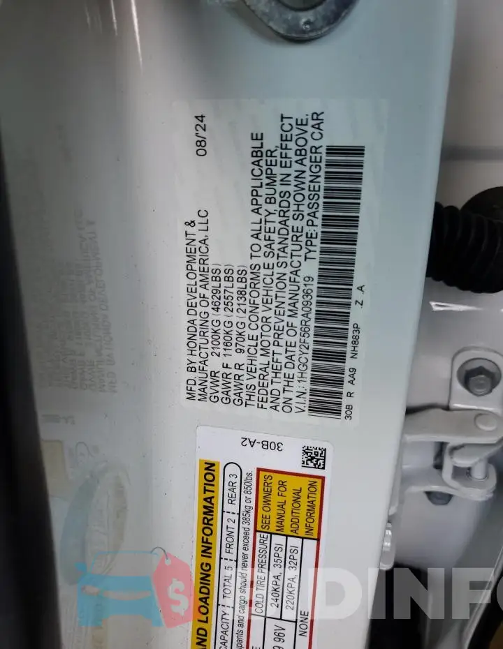 1HGCY2F56RA093619 Photo# 12