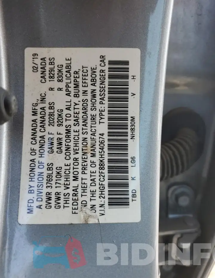2HGFC2F88KH540674 Photo# 12