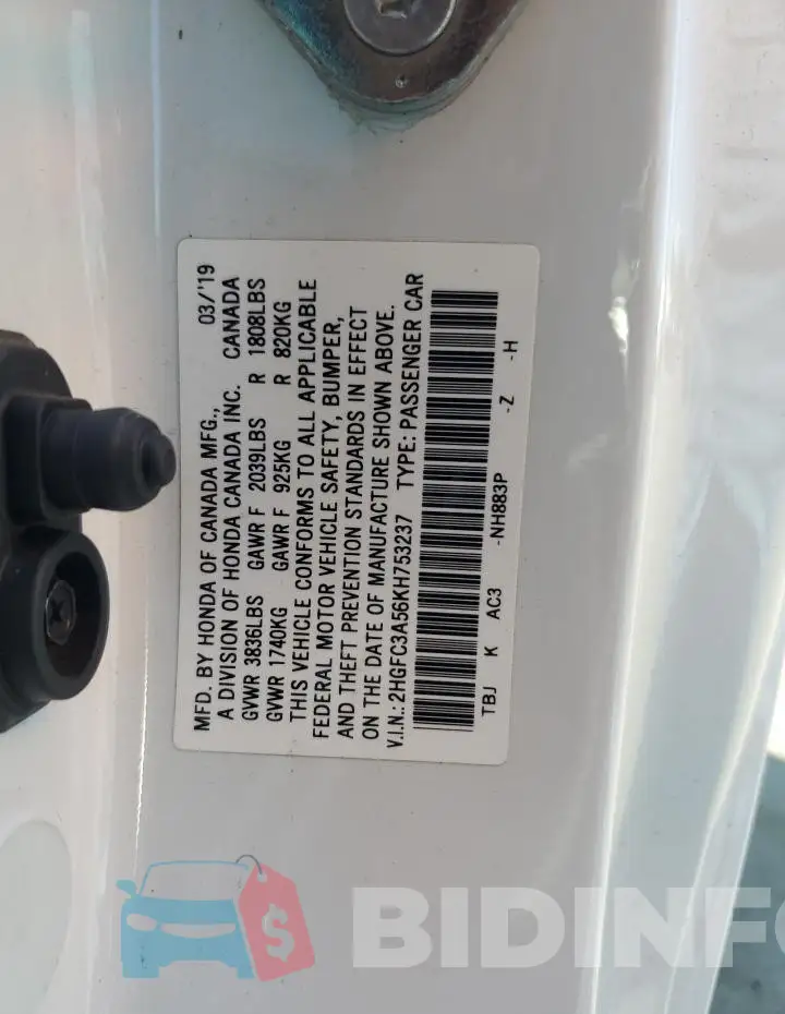2HGFC3A56KH753237 Photo# 13