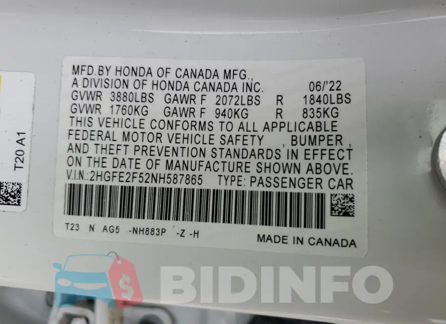 2HGFE2F52NH587865 Photo# 12