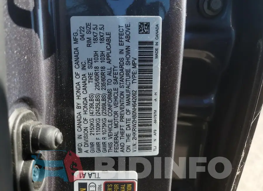 2HKRW2H80NH642062 Photo# 12