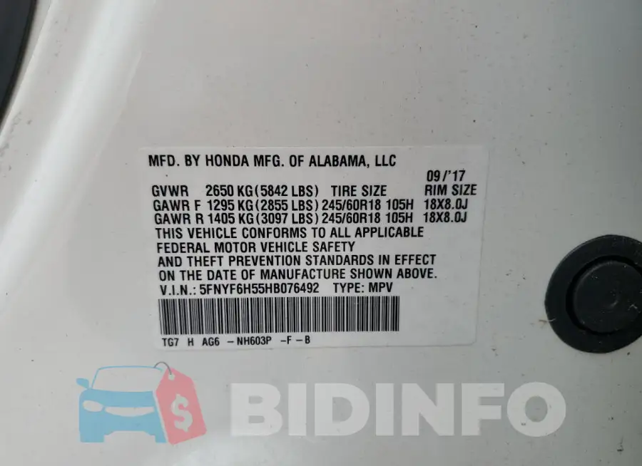 5FNYF6H55HB076492 Photo# 14