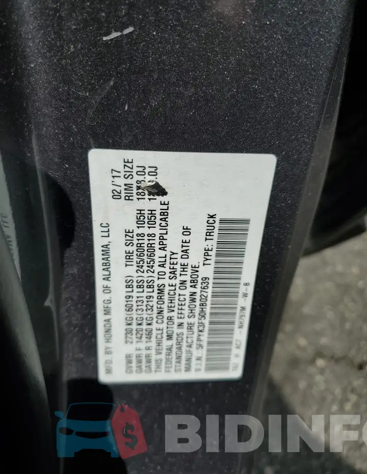 5FPYK3F50HB027639 Photo# 12