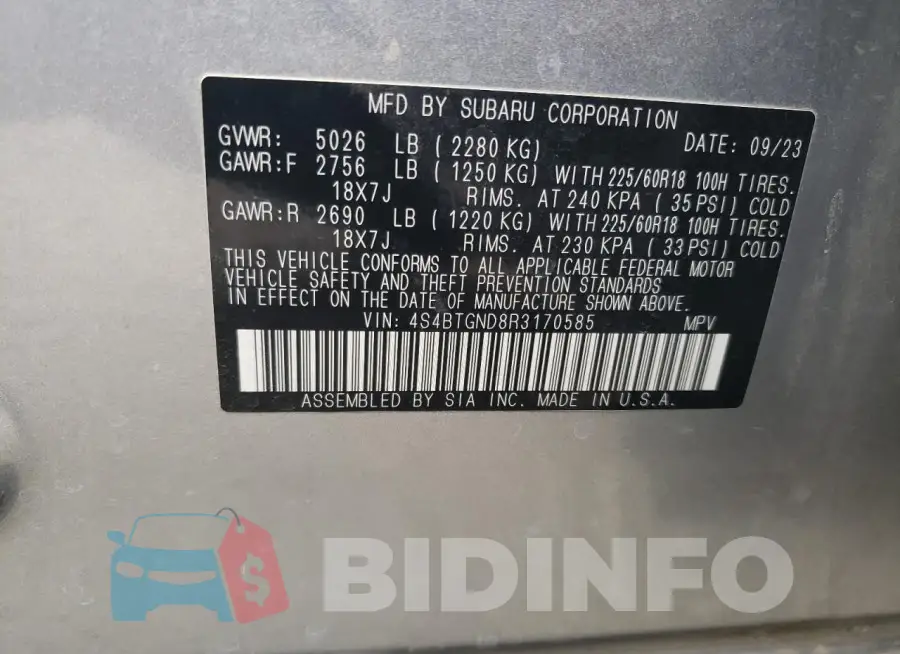 4S4BTGND8R3170585 Photo# 12