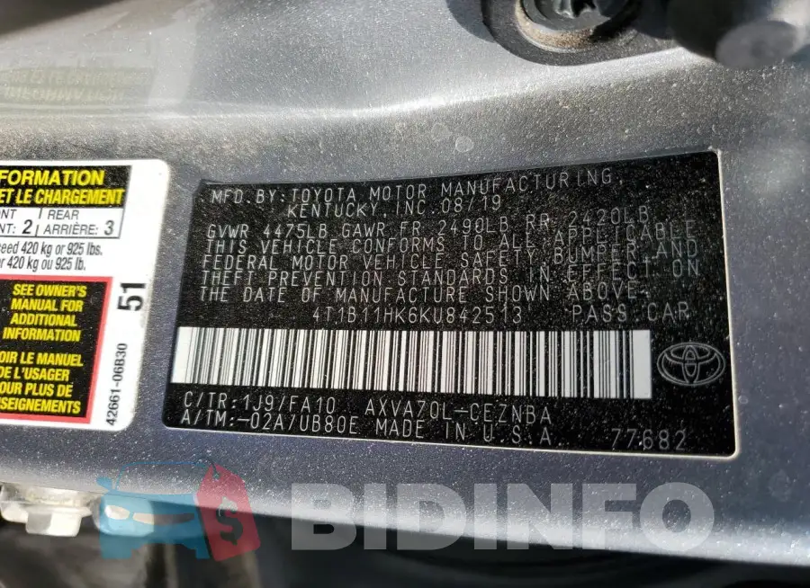 4T1B11HK6KU842513 Photo# 13