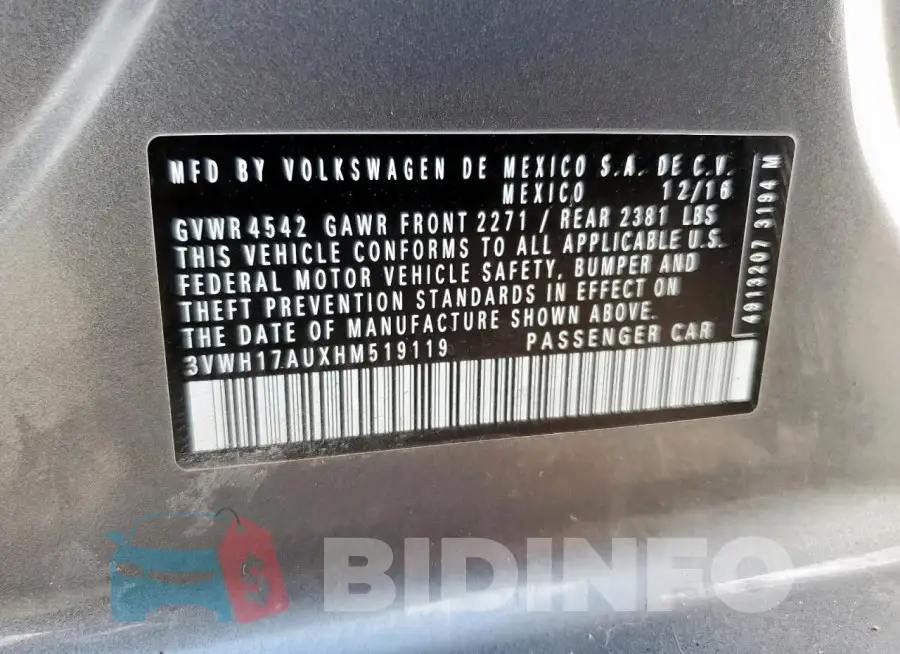 3VWH17AUXHM519119 Photo# 13