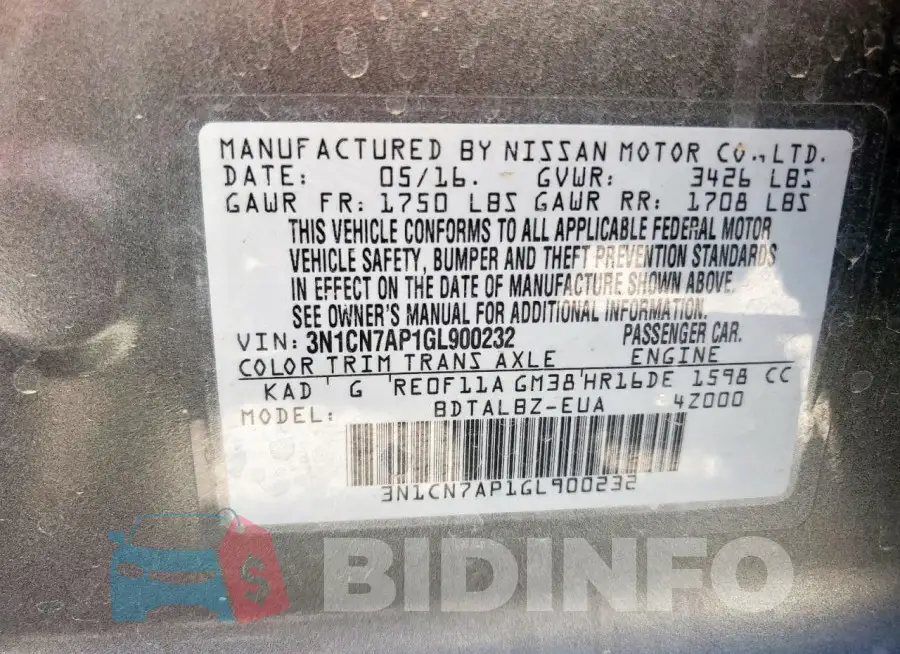 3N1CN7AP1GL900232 Photo# 12