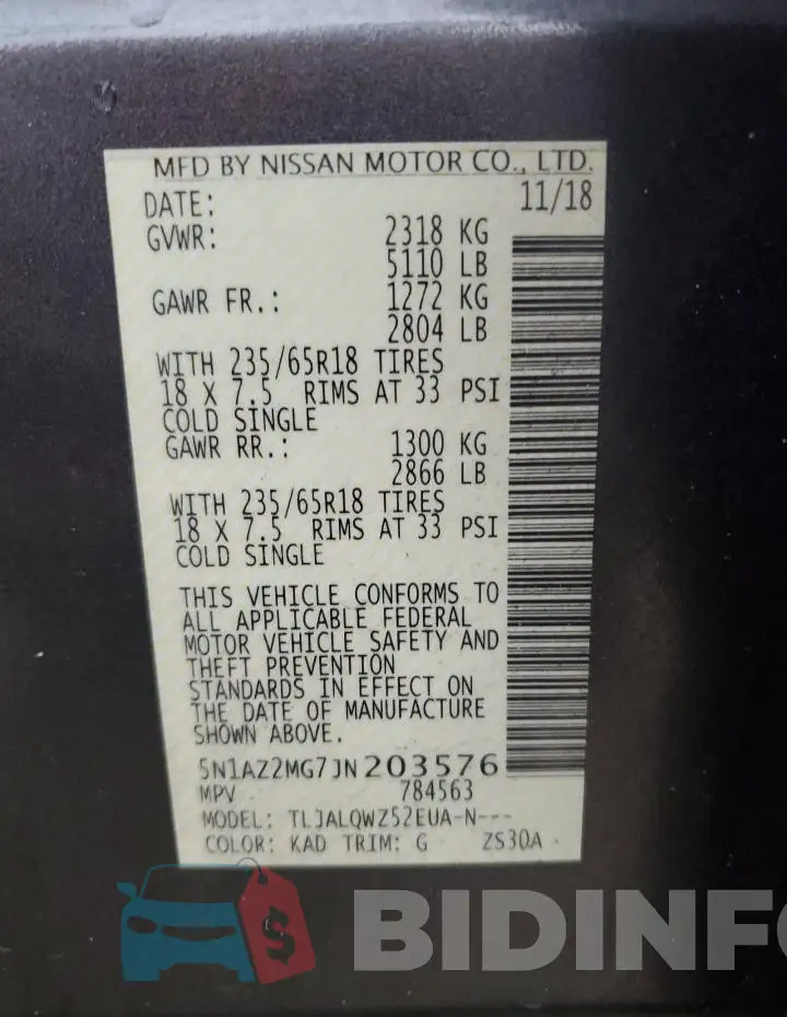 5N1AZ2MG7JN203576 Photo# 12