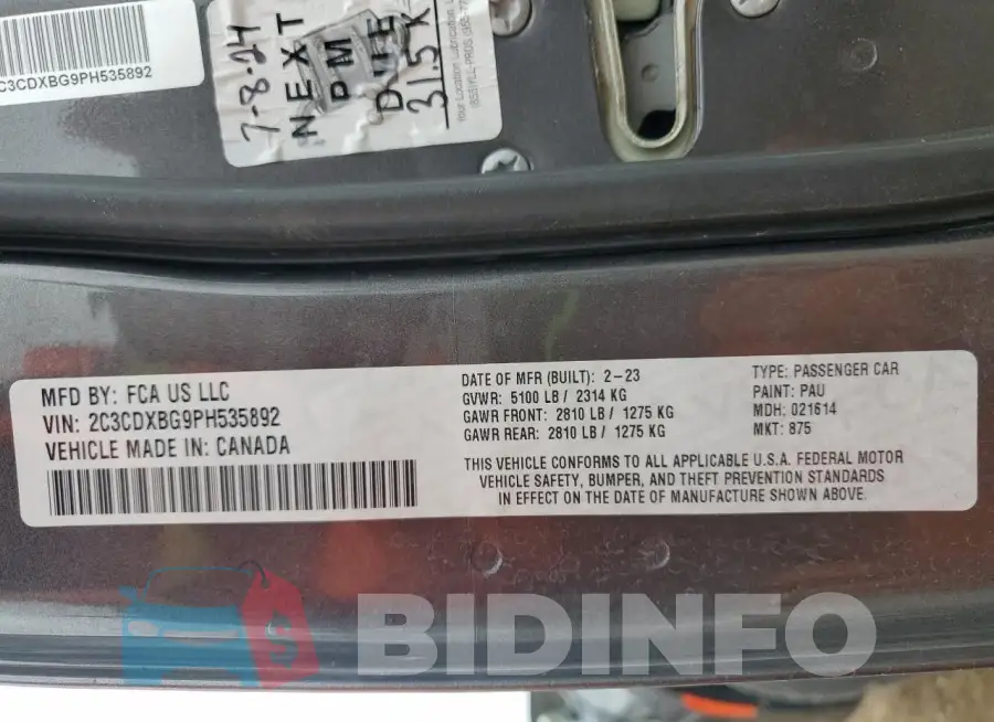 2C3CDXBG9PH535892 Photo# 12