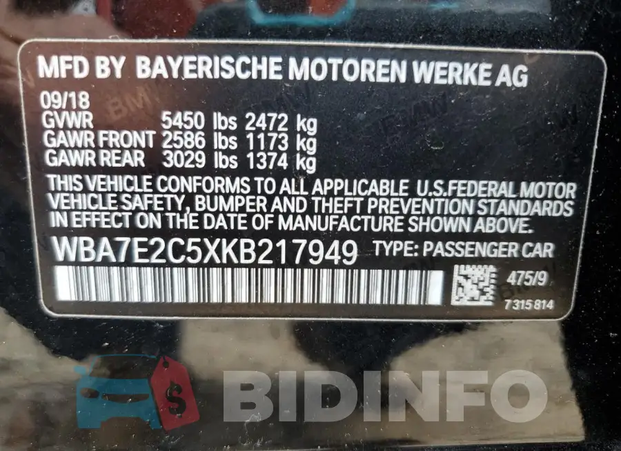 WBA7E2C5XKB217949 Photo# 12