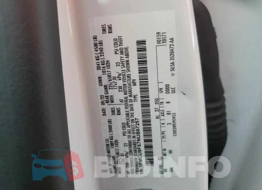 1FMCU9F67NUB67257 Photo# 13