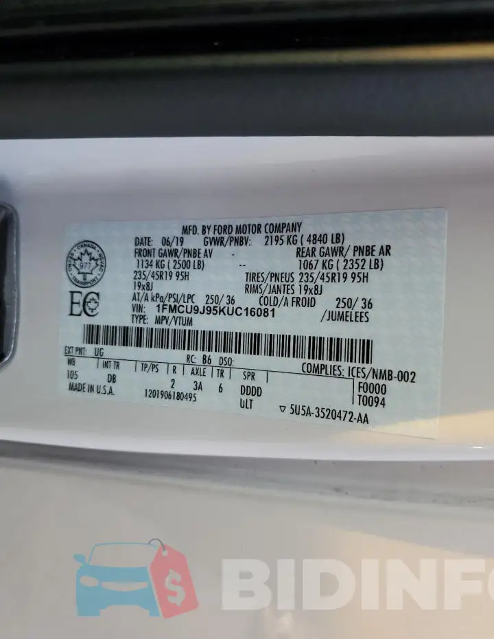 1FMCU9J95KUC16081 Photo# 13