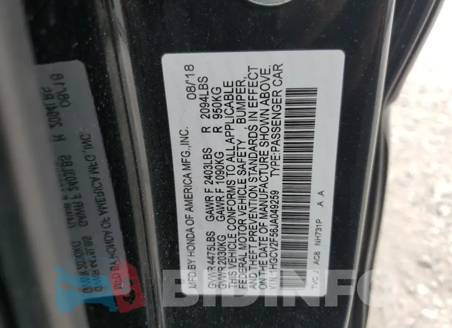 1HGCV2F56JA049259 Photo# 12