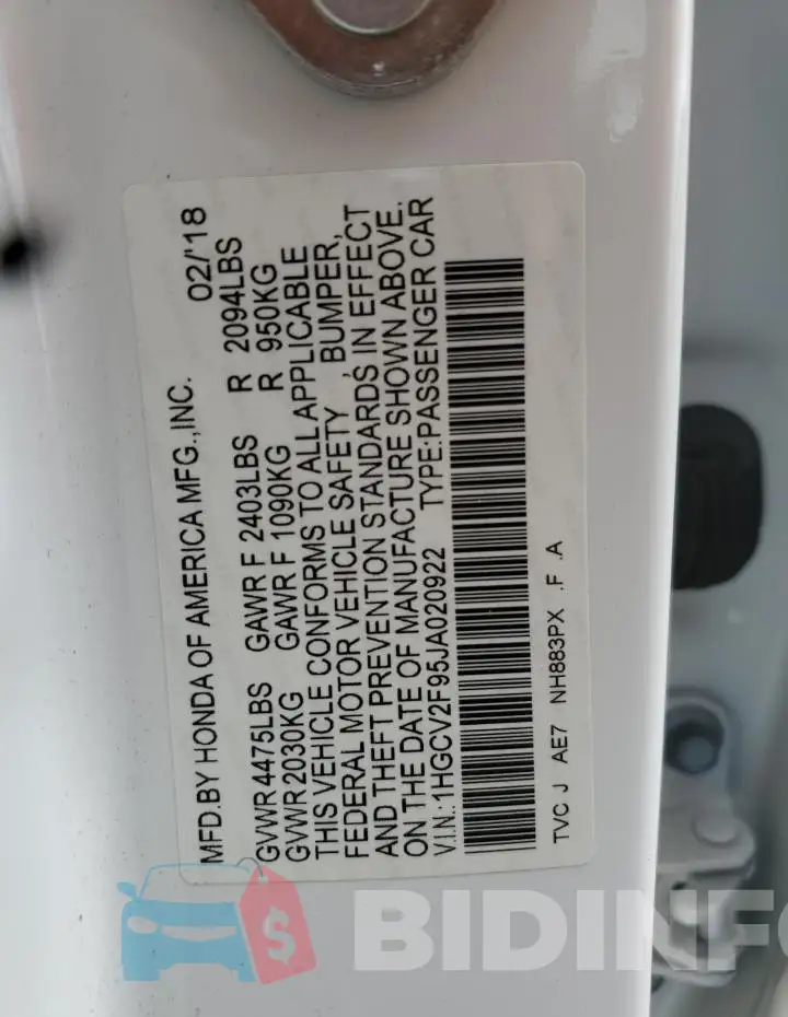 1HGCV2F95JA020922 Photo# 12