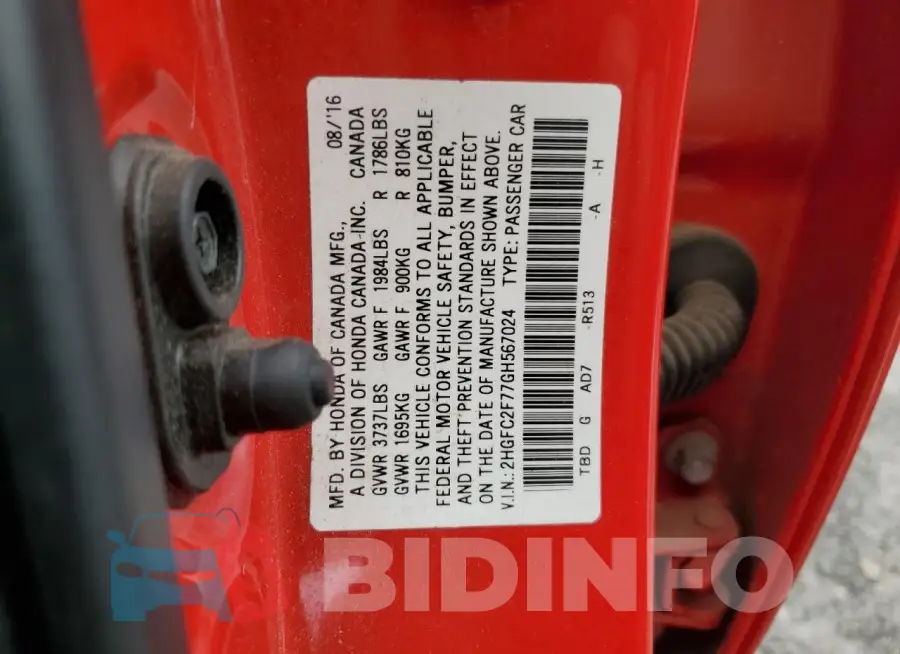 2HGFC2F77GH567024 Photo# 13