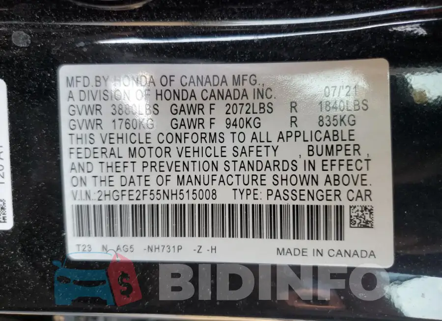 2HGFE2F55NH515008 Photo# 12