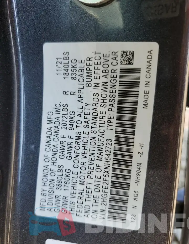 2HGFE2F5XNH542723 Photo# 12