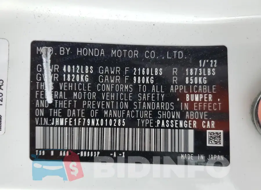 JHMFE1F79NX010285 Photo# 13