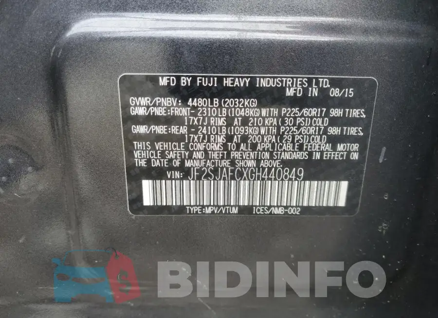 JF2SJAFCXGH440849 Photo# 13