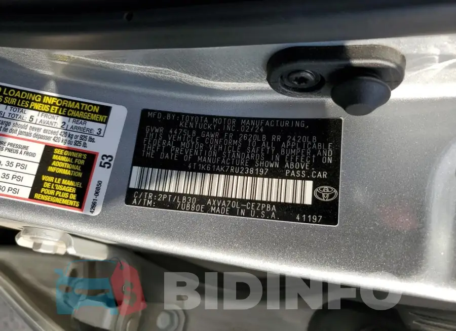 4T1K61AK7RU238197 Photo# 12