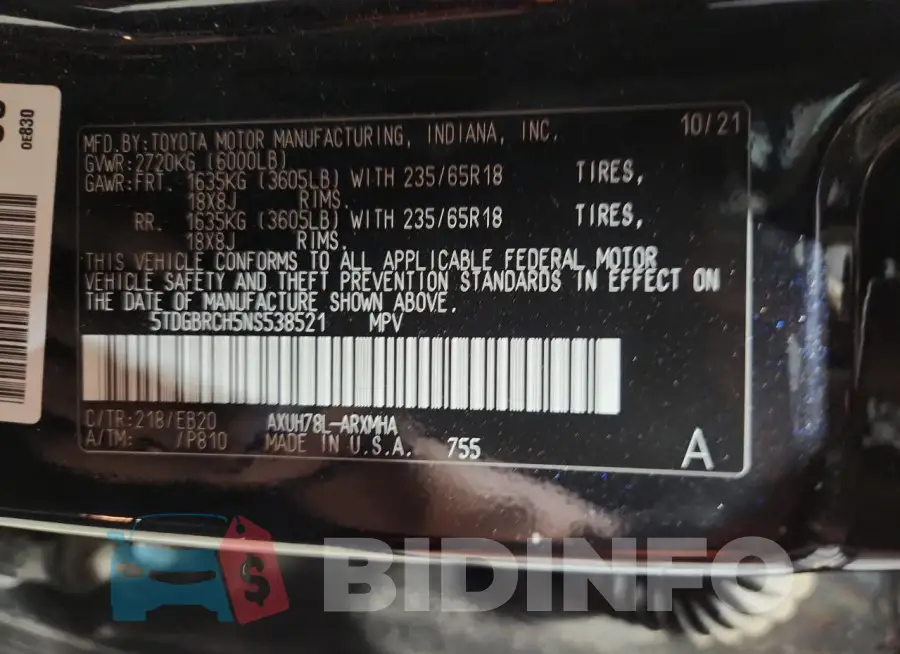 5TDGBRCH5NS538521 Photo# 13