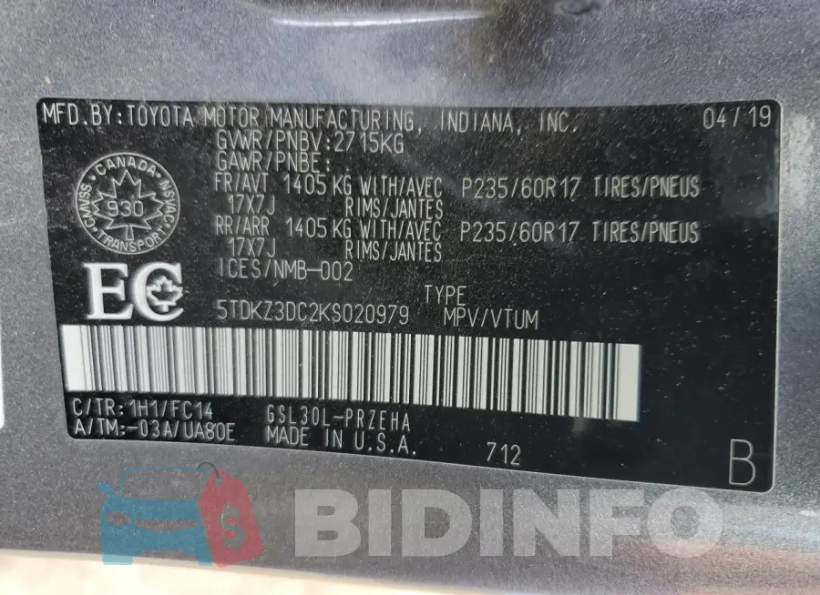 5TDKZ3DC2KS020979 Photo# 13