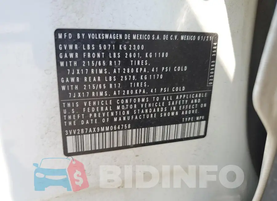 3VV2B7AX9MM064758 Photo# 14