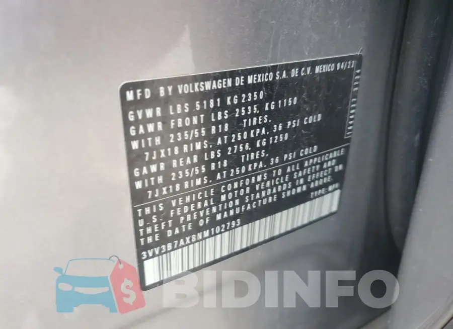 3VV3B7AX8NM102793 Photo# 13