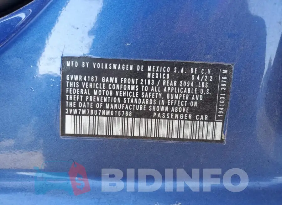 3VW7M7BU7NM015768 Photo# 12