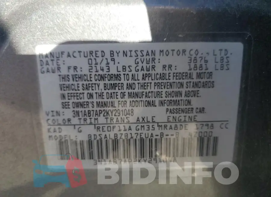 3N1AB7AP2KY291048 Photo# 12