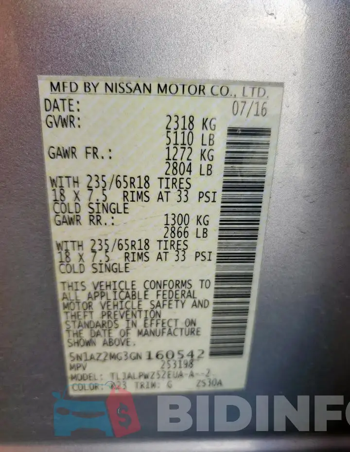 5N1AZ2MG3GN160542 Photo# 13
