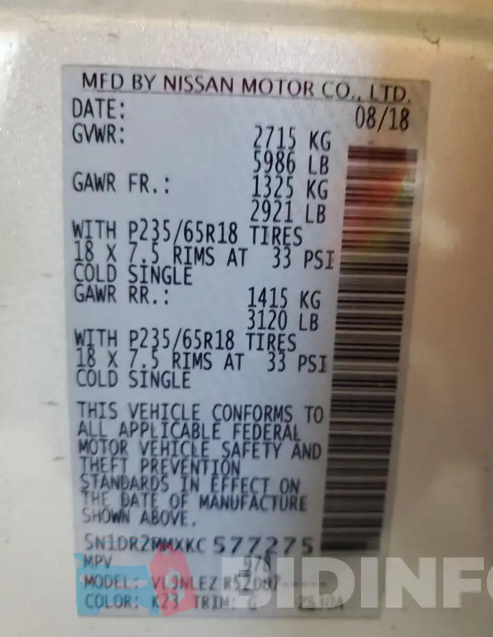 5N1DR2MMXKC577275 Photo# 13