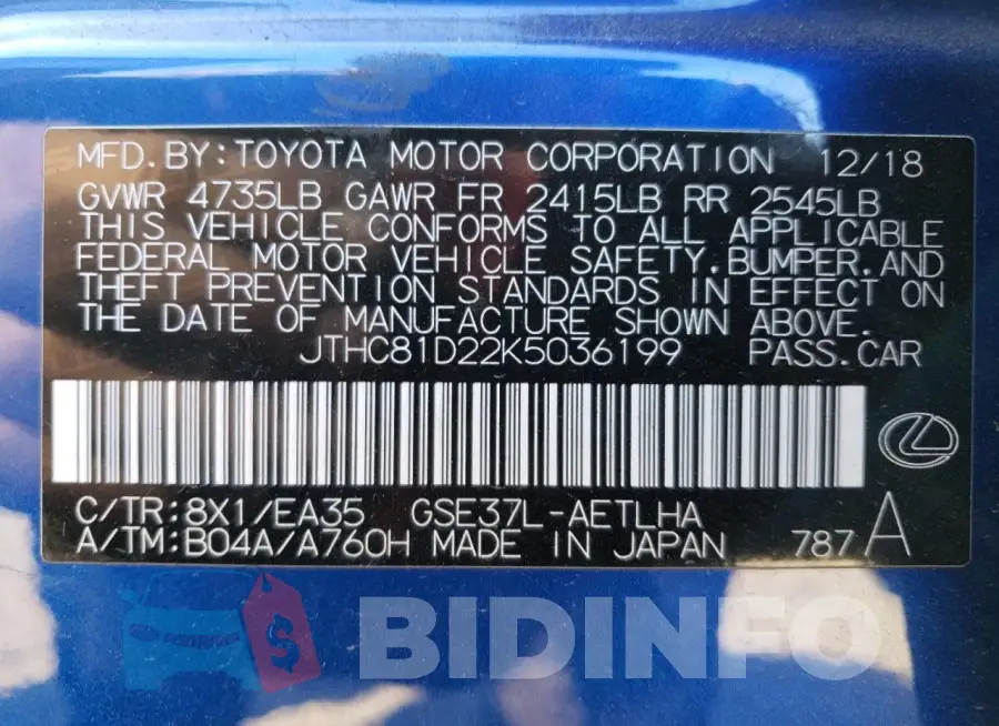 JTHC81D22K5036199 Photo# 12