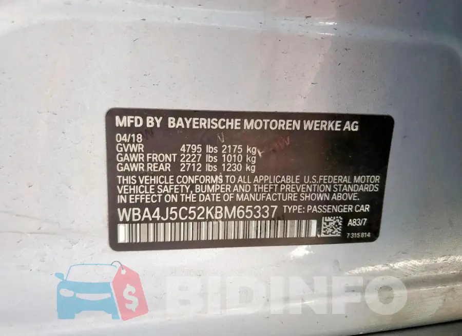 WBA4J5C52KBM65337 Photo# 12