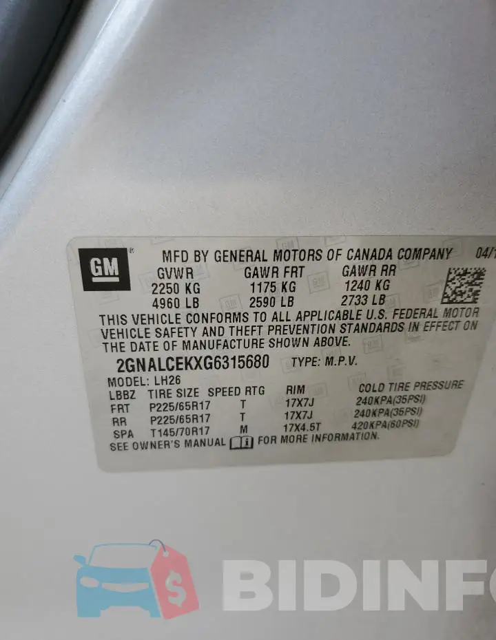 2GNALCEKXG6315680 Photo# 13