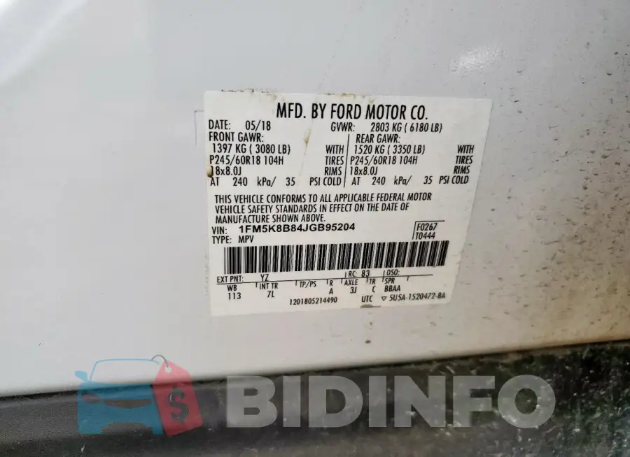 1FM5K8B84JGB95204 Photo# 14