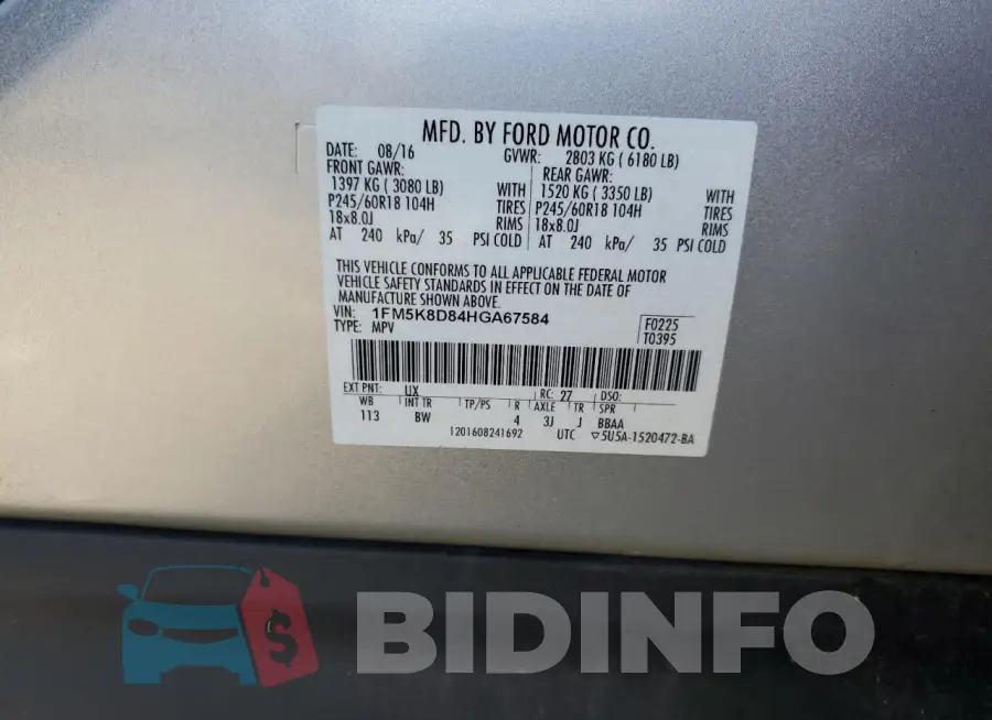 1FM5K8D84HGA67584 Photo# 13