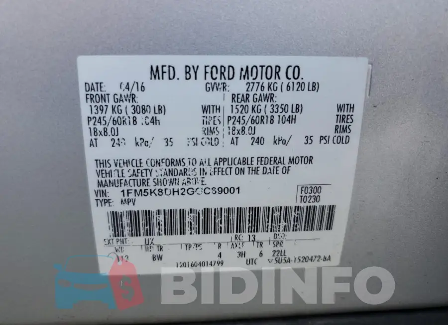 1FM5K8DH2GGC69001 Photo# 13