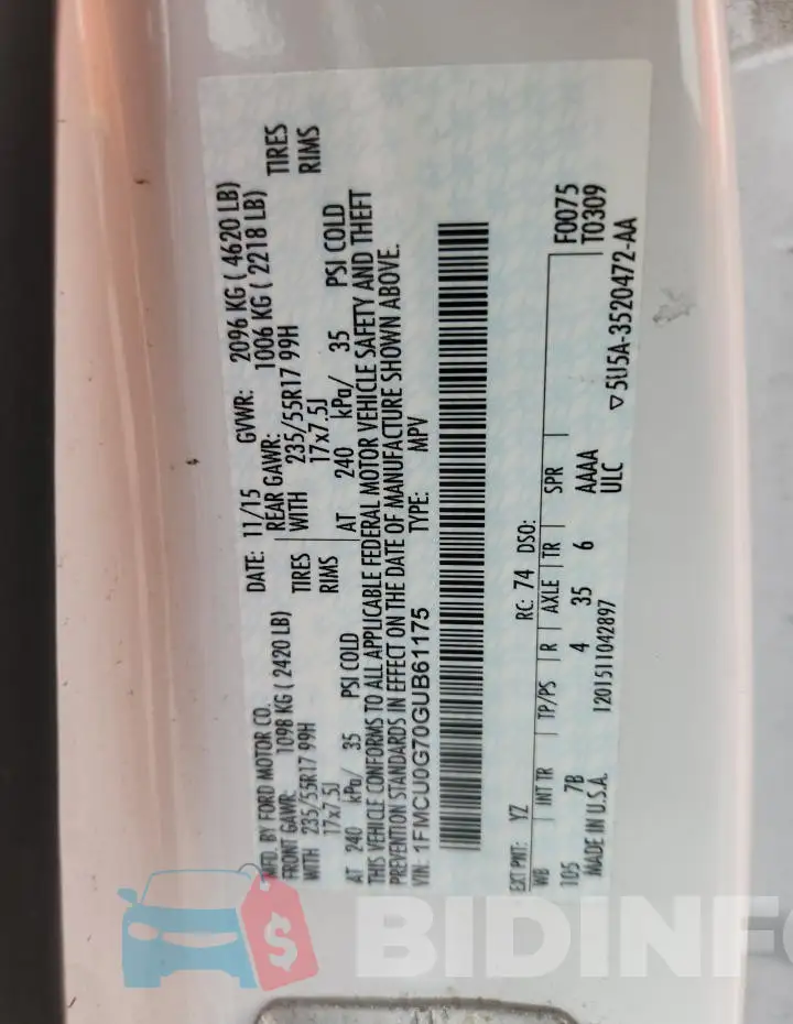 1FMCU0G70GUB61175 Photo# 13