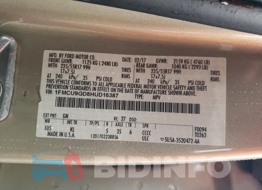 1FMCU9GD8HUD16387 Photo# 13