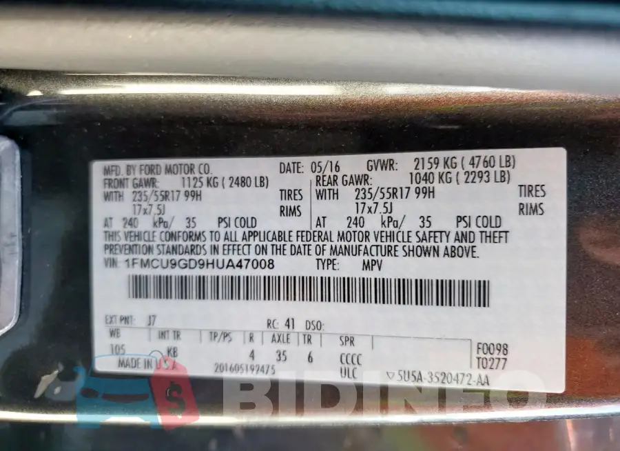 1FMCU9GD9HUA47008 Photo# 13