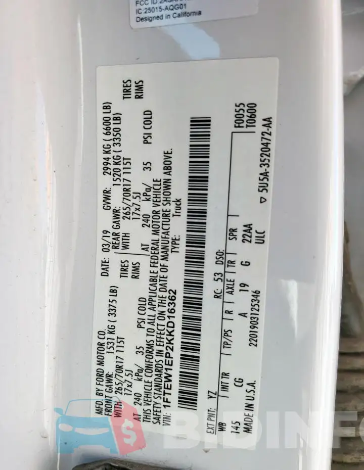 1FTEW1EP2KKD16362 Photo# 12