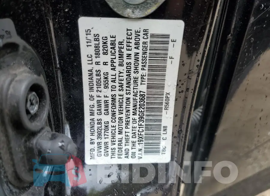 19XFC1F39GE203687 Photo# 12
